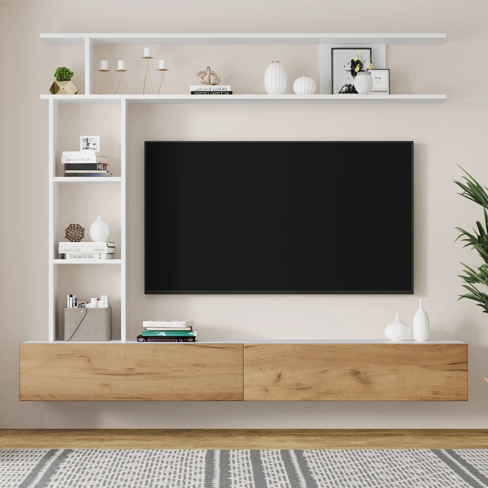 180 x 35 x 22,5 cm großes TV-Wandset mit Vitrinen, Medienwand inklusive TV-Platte, Regal und Wandregal, TV-Schrank, stehend und hängend Image