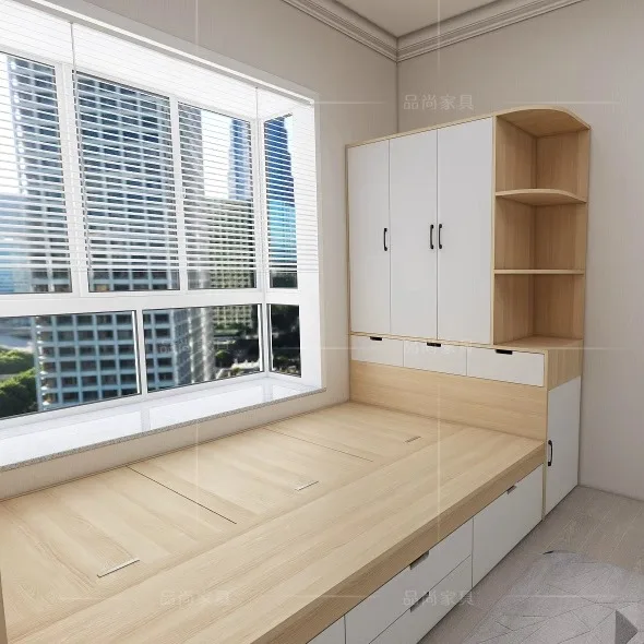 Maßgeschneiderter einfacher Tatami-Schreibtisch aus massivem Holz, integrierter kleiner Apartment-Nachttisch, Boden, Kinderboden, Bett, Schrank, Aufbewahrung