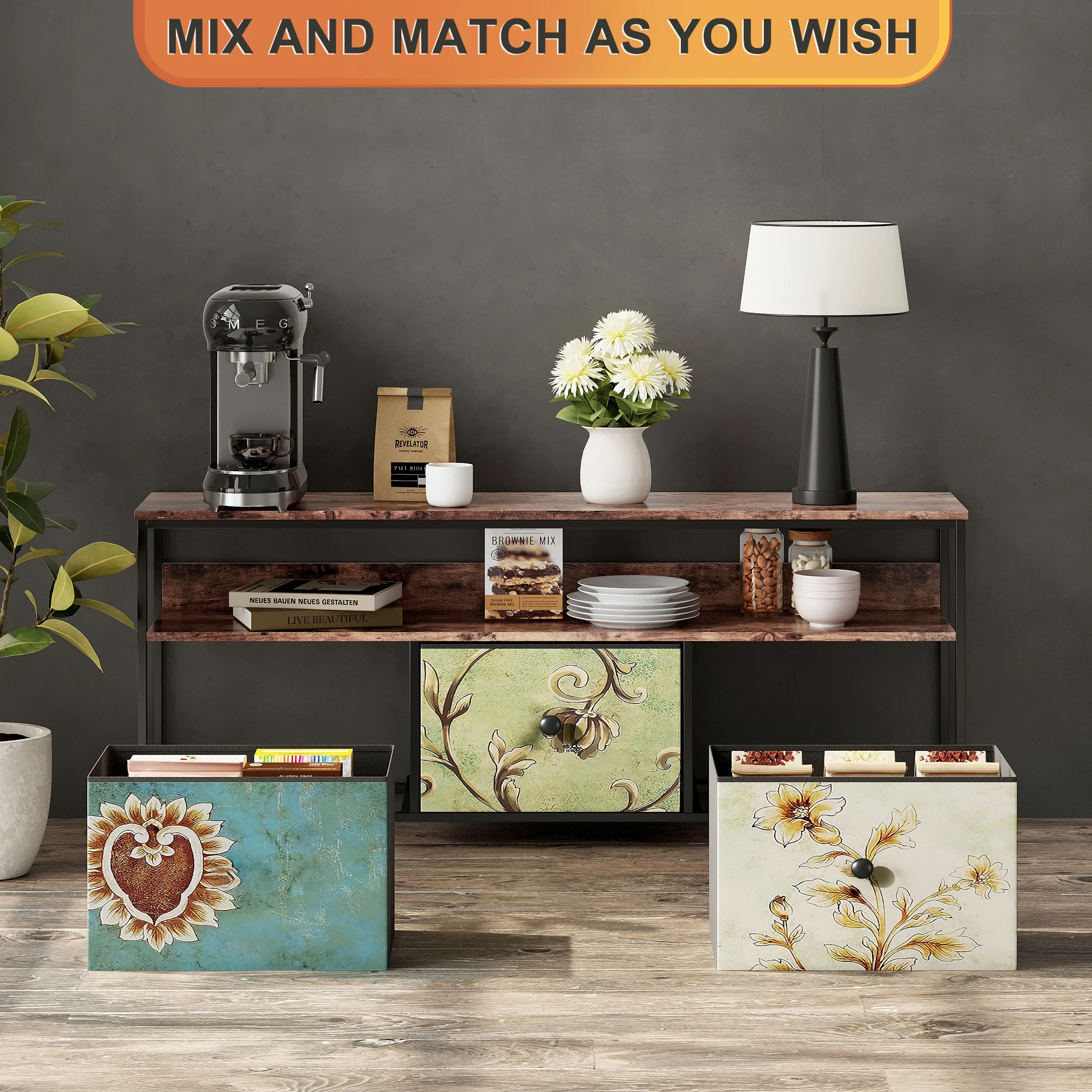 Rosahqnda Retro-TV-Tisch, Medienständer mit 3 Schubladen, LED, Schubladenschrank im Industriestil, Stoff-TV-Schrank, Oberflächenstoff-Schublade