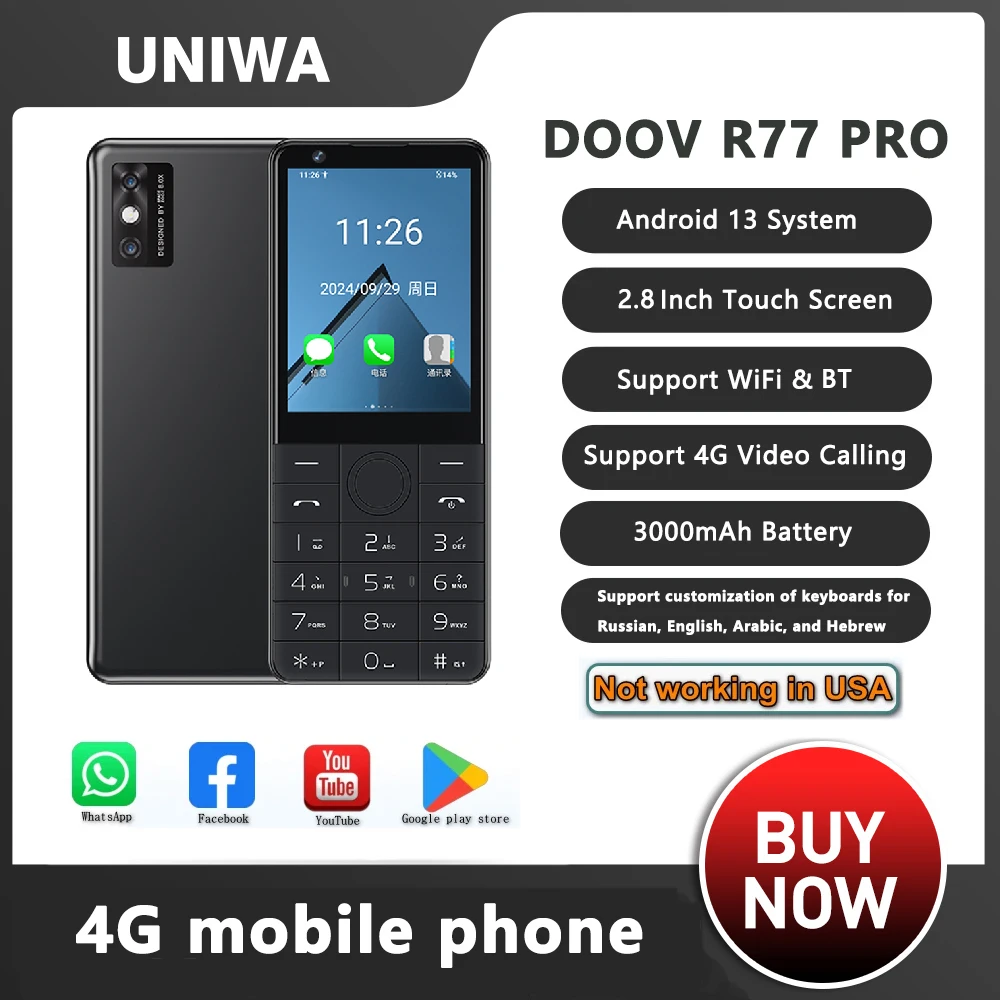DOOV R77 Pro 4G Touchscreen-Tastatur-Handy mit 5 MP Kamera, 2,8 Zoll, 3 GB + 32 GB, 3000 mAh, Smartphone, WhatsApp, hebräische Tastatur Image
