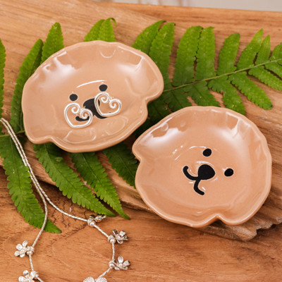 'Poodle Puppy-Themed Glazed Ceramic Catchall Pair in Brown'