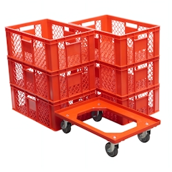 6 Stück Bäckerkisten 600 x 400 x 230 mm + 1 Transportroller in Rot Image
