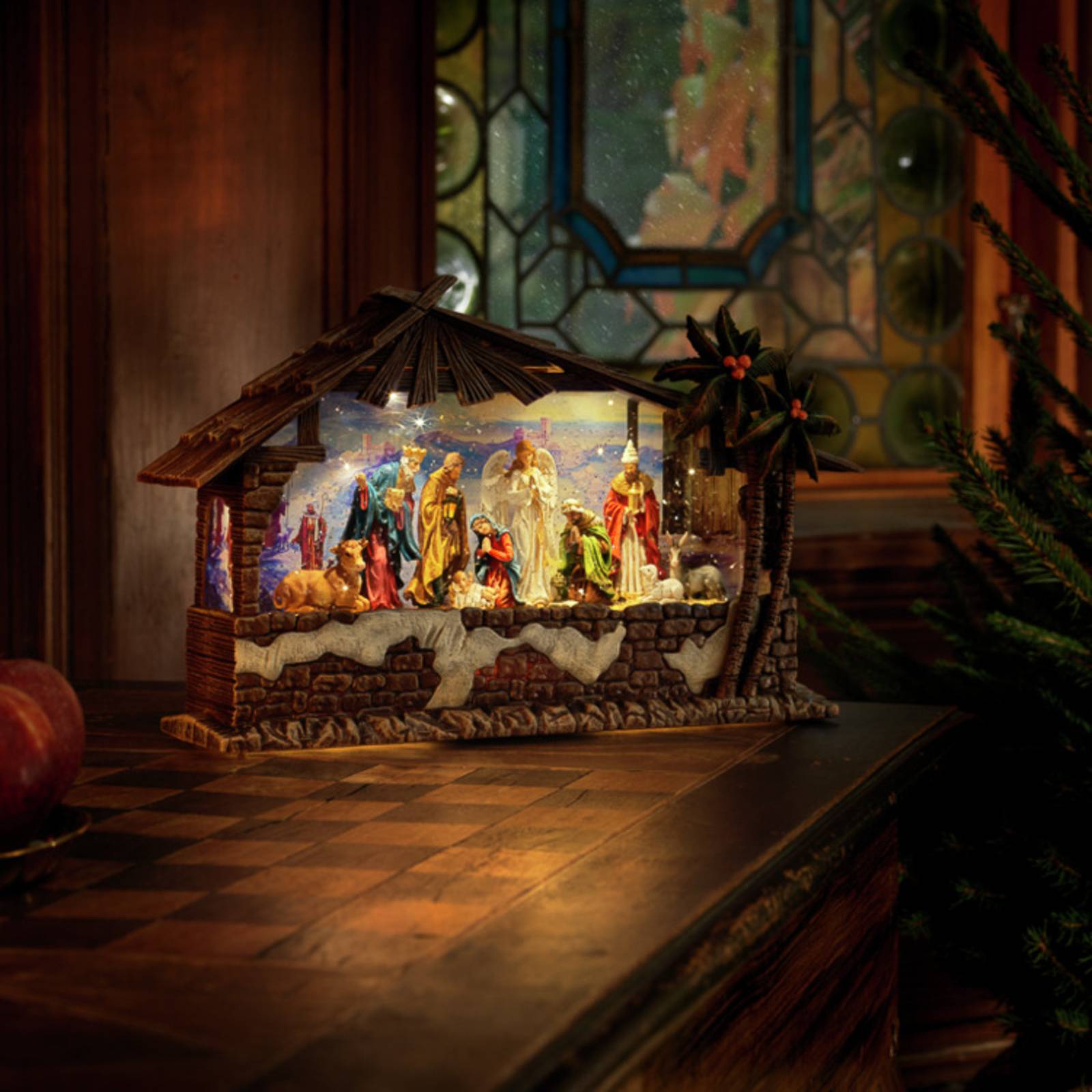 Konstsmide Christmas LED-Tischdeko Wasserlaterne Weihnachtskrippe, braun / rost, Kunststoff, LED Lichterketten