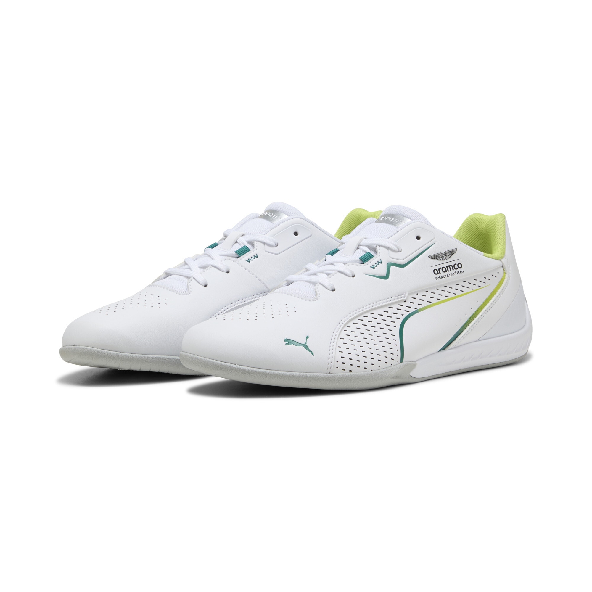 Sneaker PUMA "PUMA x ASTON MARTIN ARAMCO F1 TEAM Drift Cat 11 Sneakers", Damen, Gr. 42.5, weiß grün lux, Obermaterial: Synthetik, Textil; Futter: Textil; Innensohle: Textil; Laufsohle: Gummi, Schuhe Sneaker