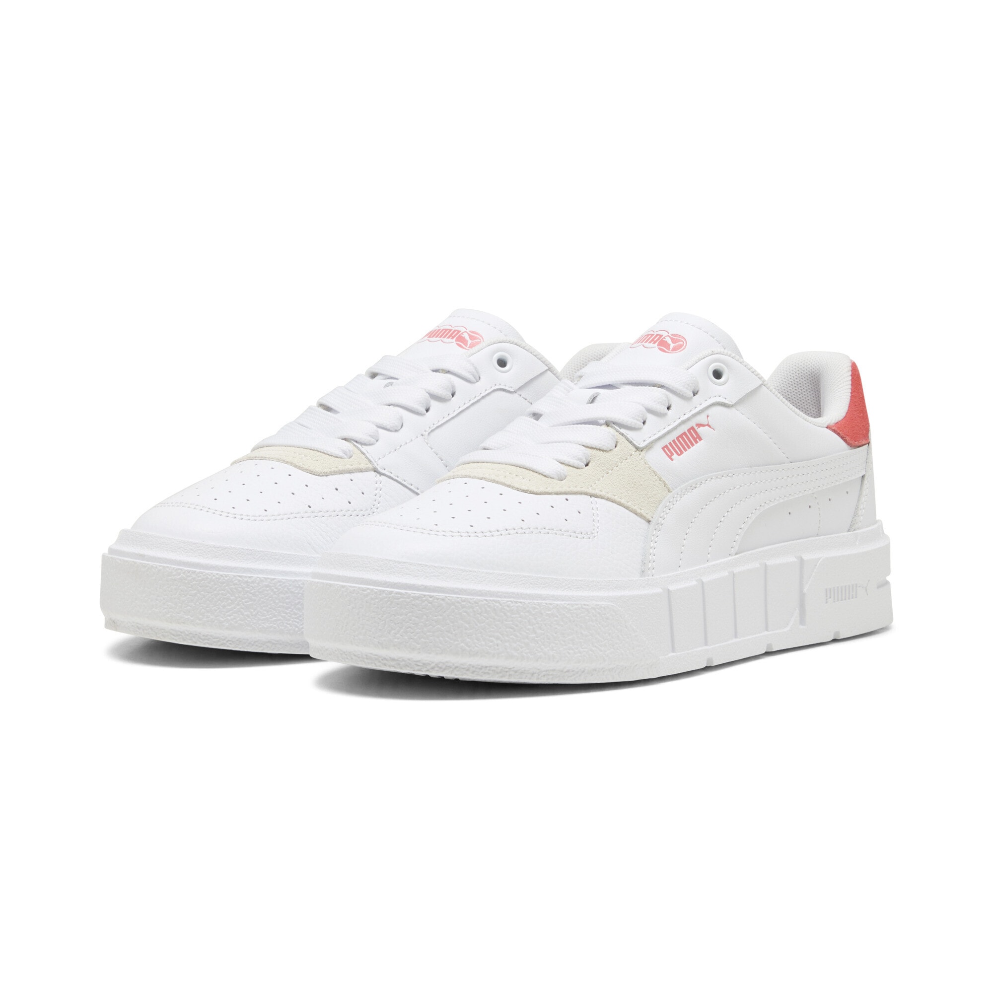 Sneaker PUMA "Cali Court Match Sneakers Damen", Damen, Gr. 39, weiß peach frost rot, Obermaterial: Kuhleder, Synthetik; Futter: Textil; Innensohle: Textil; Laufsohle: Gummi, Schuhe Sneaker