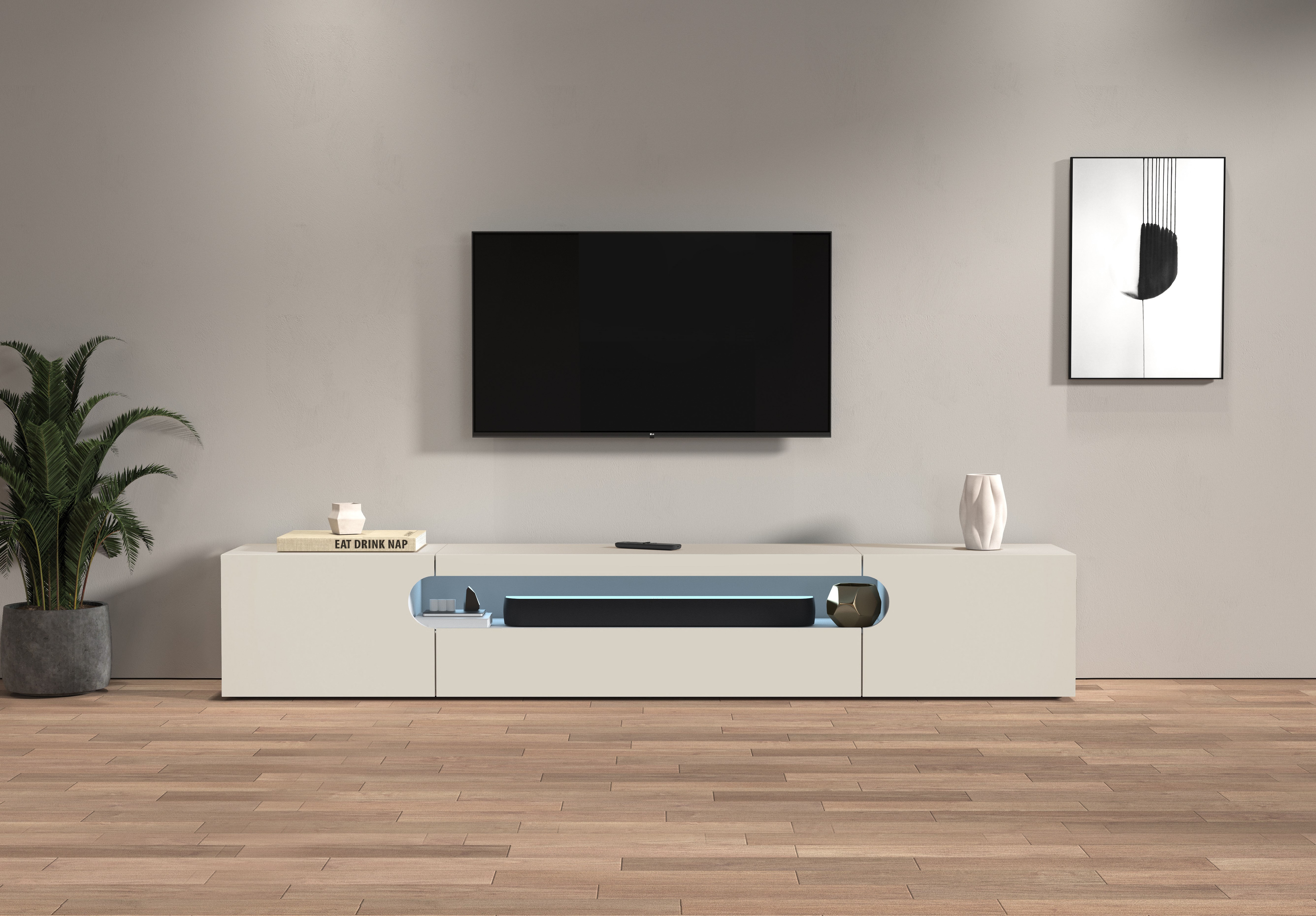 Lowboard HOME AFFAIRE "REAL TV-Möbel, 240 cm breit, 40/60 cm hoch, Hochglanz oder matt", kaschmir, B:240cm H:40cm T:40cm, FSC-zertifizierter Holzwerkstoff, Sideboards, Lowboard, mit 2 abgerundeten Türen, 1 Klappe, die ein ovales offenes Fach bilden