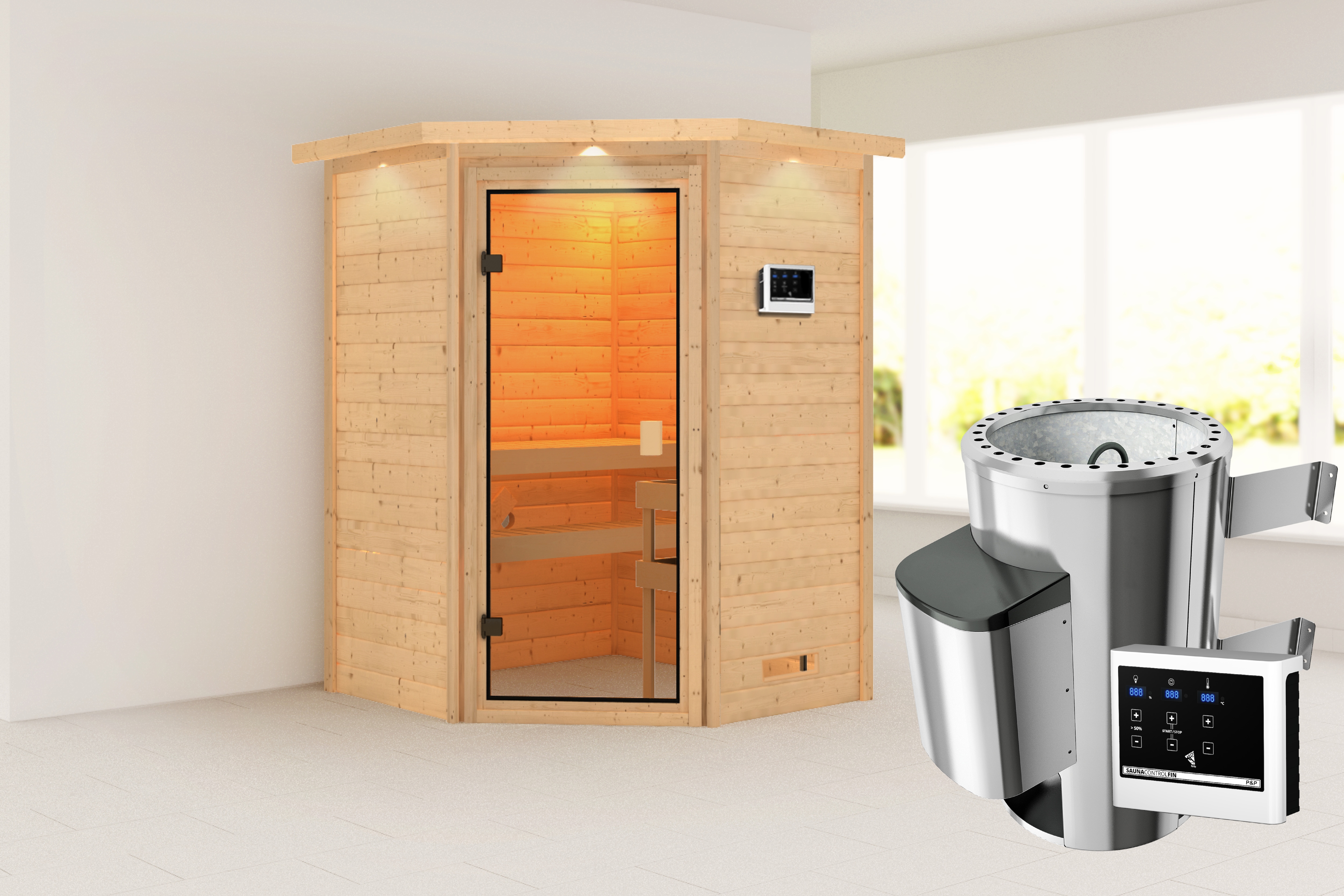 Sauna KARIBU "Anni" mit bronzierter Tür und Kranz, naturbelassen", naturbelassen, Saunaofen, externe Steuerung, 230 kW, Saunen, aus hochwertiger nordischer Fichte Image