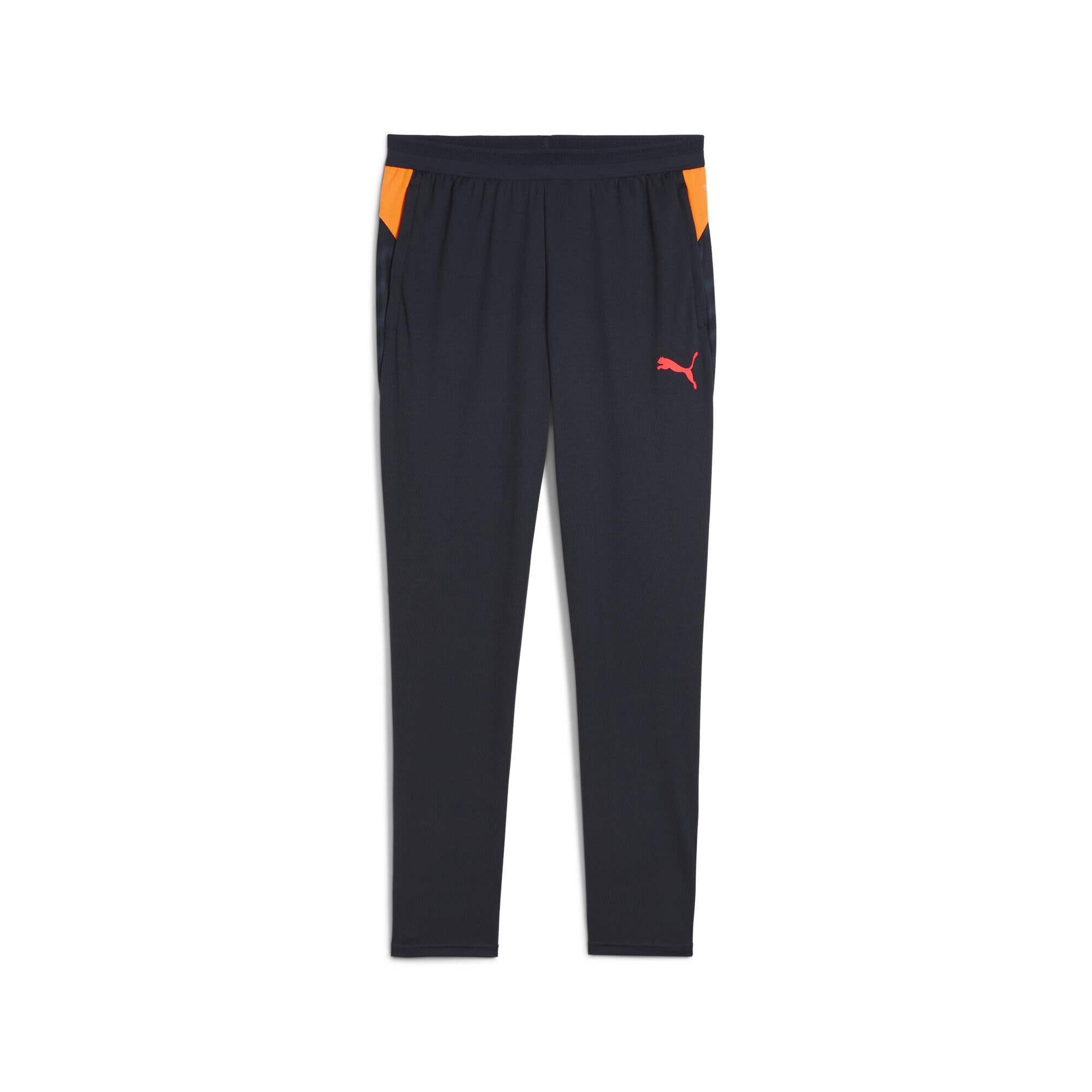 Sporthose PUMA "IndividualCUP Fußball Trainingshose Herren", Herren, Gr. XS, Normalgrößen, new navy glowing rot heat fire blau orange, Obermaterial: 100% Polyester; Taschenfutter: 100% Polyester; Unterer Bund: 89% Polyester, 11% Elasthan, bedruckt,...