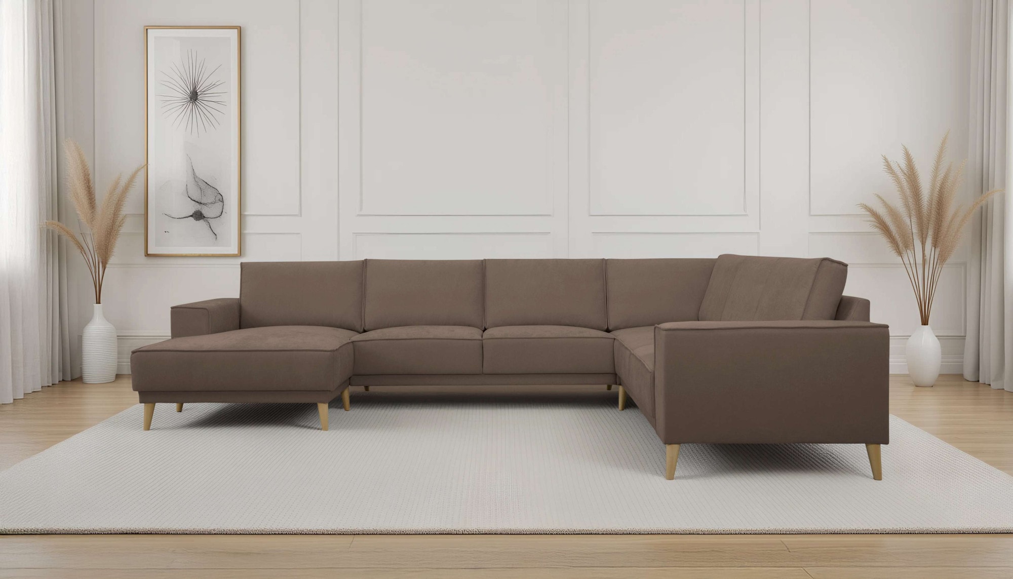 Wohnlandschaft OTTO HOME "Oland Skandi, weicher Chenille-Stoff", braun, B:342cm H:85cm T:260cm, 100% Polyester, Sofas, Wohnlandschaft, U-Form, 342 cm, Wellenunterfederung, Skandi-Design, Massivholzfüße