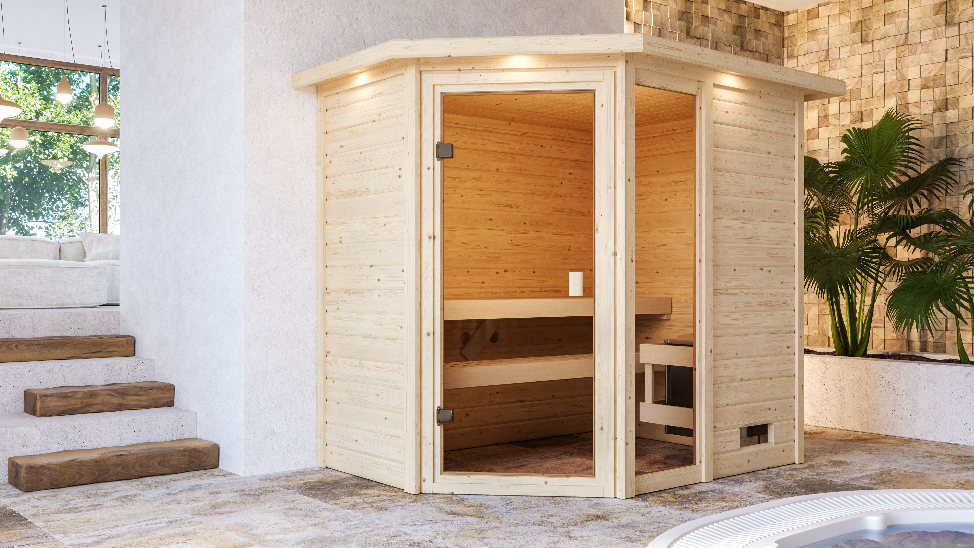 Sauna KARIBU "Josie" mit bronzierter Tür und Kranz, naturbelassen", naturbelassen, ohne Ofen, ohne Steuerung, (ohne Ofen), Saunen, aus hochwertiger nordischer Fichte