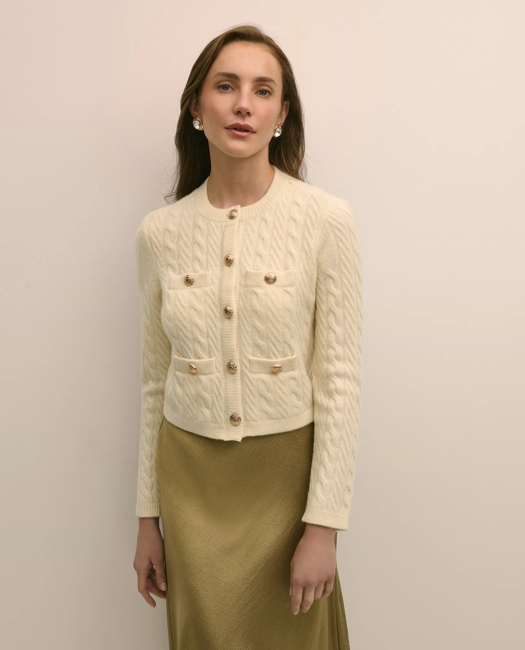 Brooks Brothers Women's Merino Wool-Cashmere Blend Cable-Knit Cardigan Sweater | White | Size Large