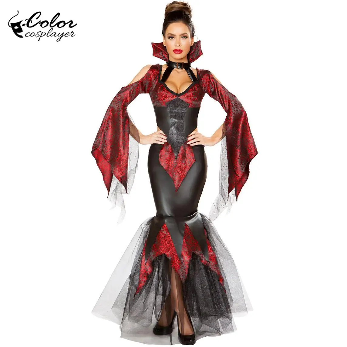 Halloween Vampirkleid Mittelalter Gericht Frauen Cosplay Kostüm Gothic Dämon Outfit Tag der Toten Oparty Lustige Hexe Dress Up Image