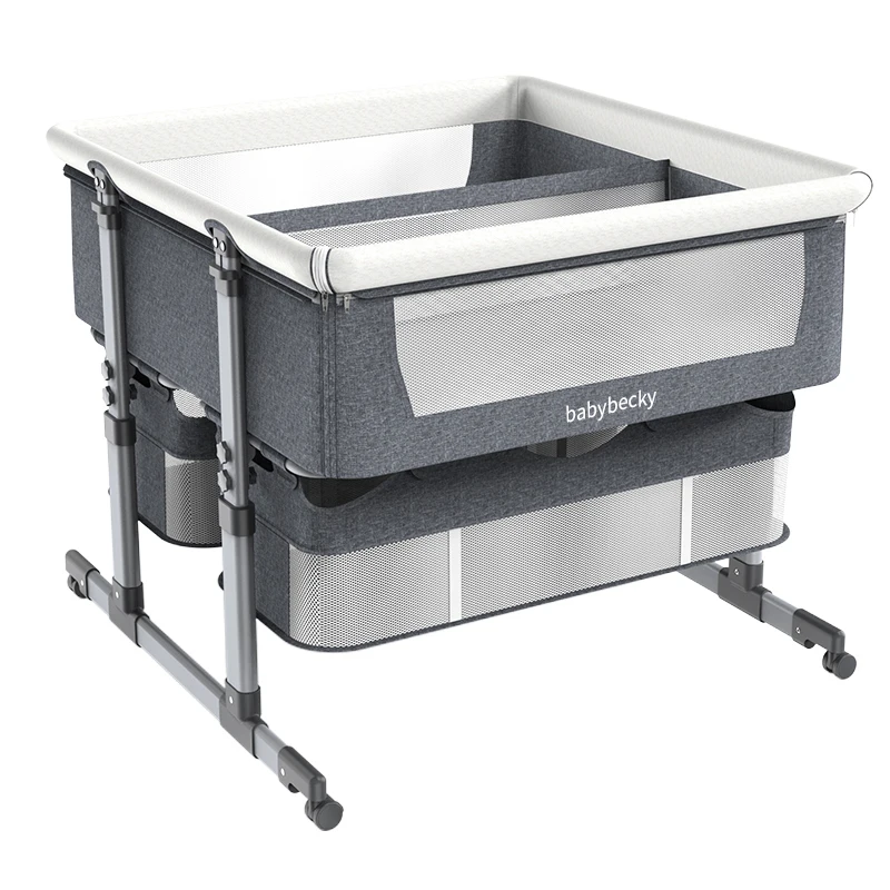 Twins-Wiege, Kinderbett, Schlafwiege für 2 Kinder, höhenverstellbares Babybett mit Rollen und Luftstromnetz Image