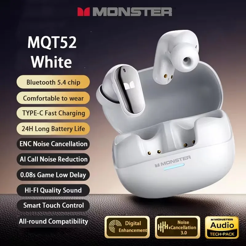 Monster MQT52 Neue TWS Gaming Headset Drahtlose Bluetooth 5,4 HIFI Stereo Musik Kopfhörer Sprechen Noise Cancelling Ohrhörer mit Mikrofon Image