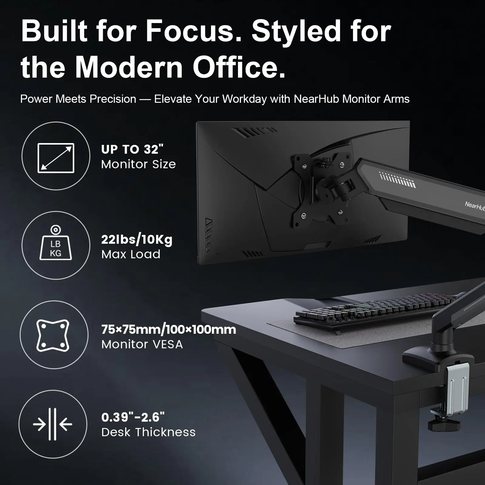 NearHub-Single Monitor Arm-Montagehalterung, Gelenkstativ mit C-Klemme, volle Bewegung, 13–32 Zoll Bildschirme bis zu 9 kg, MS-001 Image