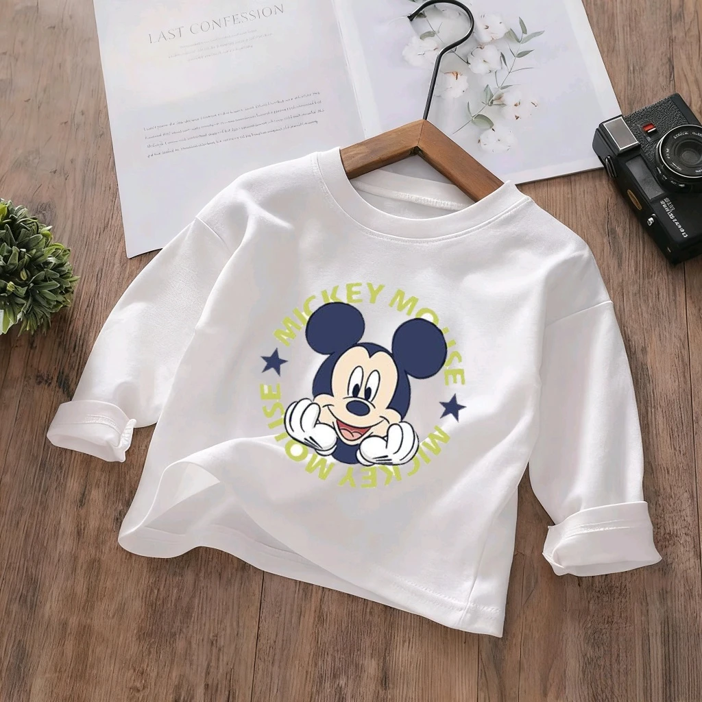Baby Attire Crew Neck Tops Long Sleeve Home Clothes Mickey Mouse Tees White Kids T- Shirts With Child Boys Girls For Daily Wear