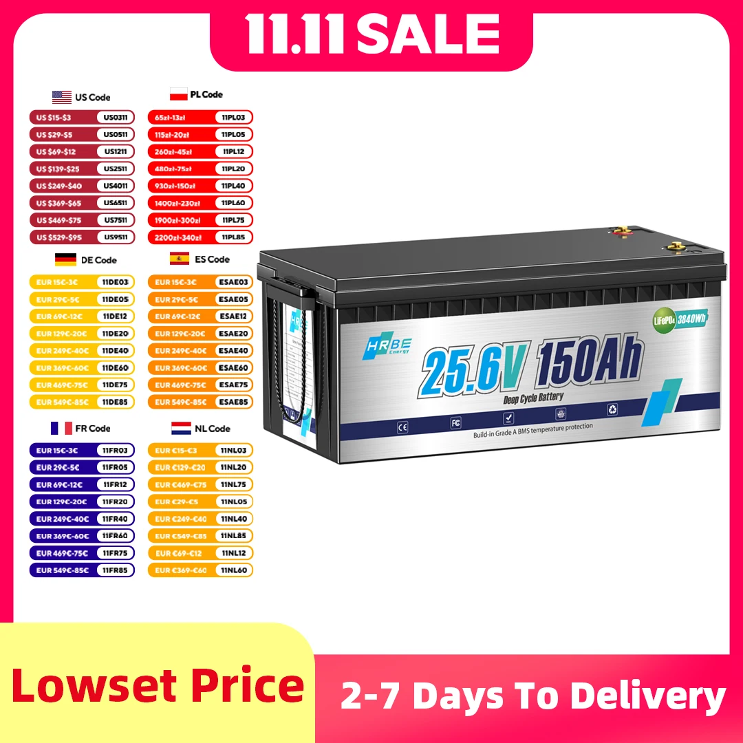 HRBEEnerg 24V 150Ah LiFePO4 Lithium-Akku 100A BMS 8000+ Zyklen für Wohnmobile, Solar, Marine, Camping, Trolling-Motor, netzunabhängig Image