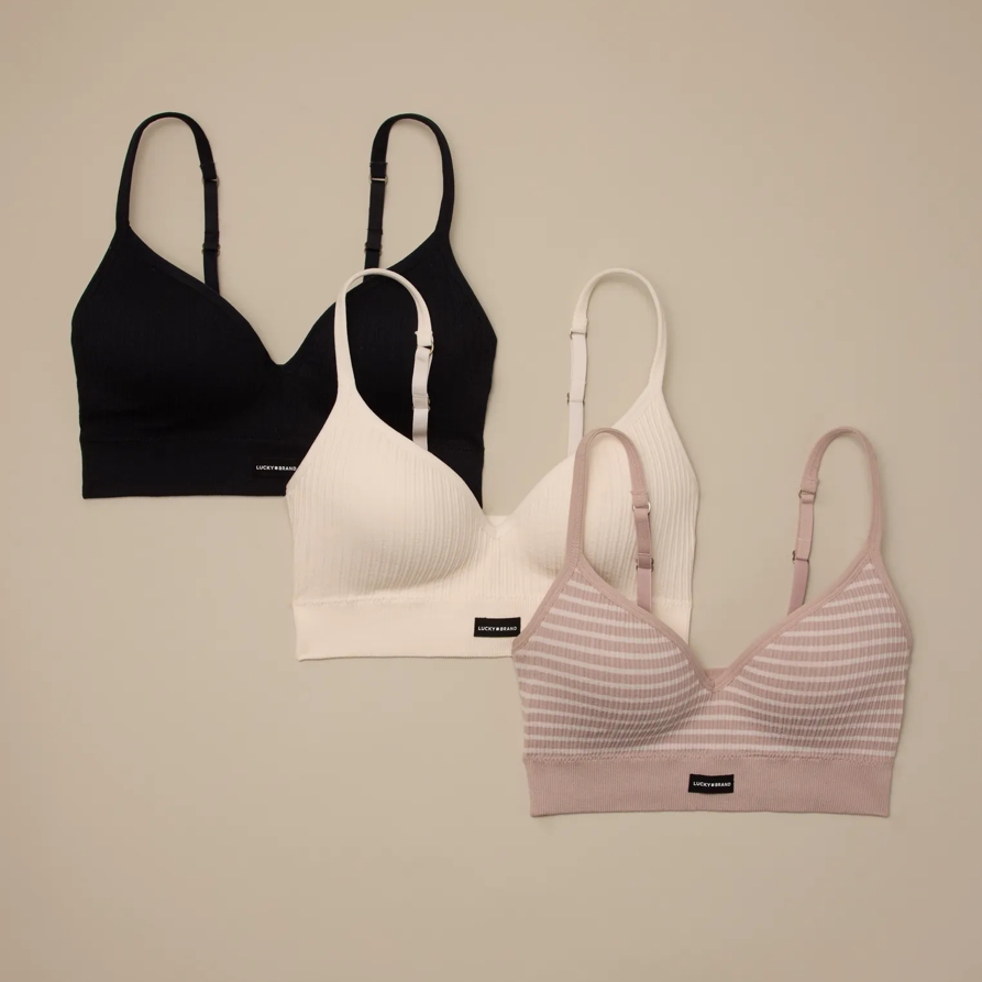 Lucky Brand 3 Pack Rib Wirefree Bra in Medium Beige, Size XL