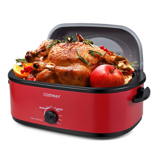 Costway 18QT Electric Roaster Oven with Self-Basting Lid Turkey Roaster with Removable Pan-Red