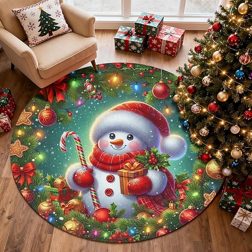 Weihnachts-Schneemann runder Teppich für Wohnzimmer und Schlafzimmer Faux Cashmere Fröhliche Weihnachten Teppich weicher rutschfester maschinenwaschbarer Teppich festliche Urlaubsmatte 4ft Image
