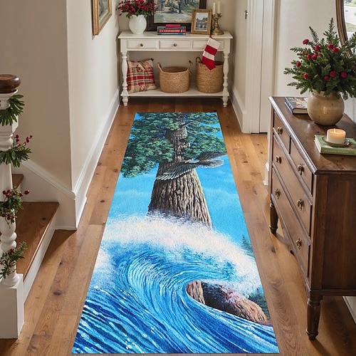 Adler und Meereswelle Läuferteppich für Flur Küche weicher rutschfester maschinenwaschbarer Faux Cashmere Natur Teppich majestätischer Baum und Meer-Design Eingangsbereichsläufer Redwod Wave von Image