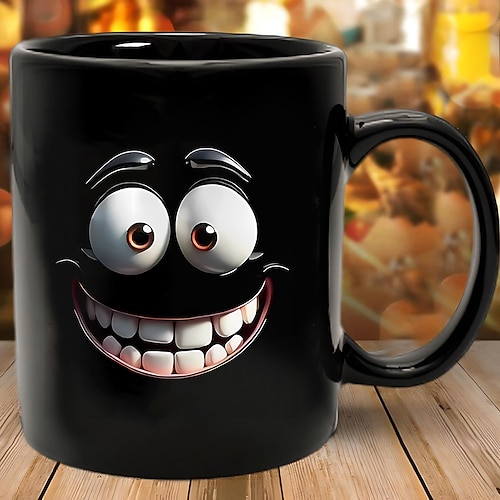 lustige schwarze Kaffeetasse mit großem lächelnden Cartoon-Gesicht, 340 ml, Keramik-Teetasse, Geschenk für Büro, Zuhause, Freunde, originelles Geburtstags- oder Urlaubsgeschenk Image