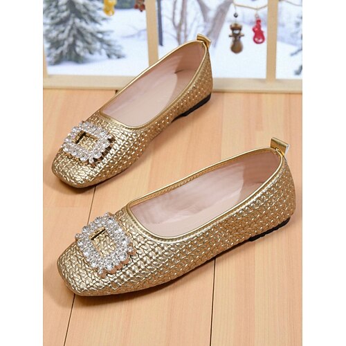 Goldfarbene gewebte Ballerinas für Damen mit Strass-Schnallendetail – funkelnde und elegante Slipper für Partys, Urlaub und den Alltag Image