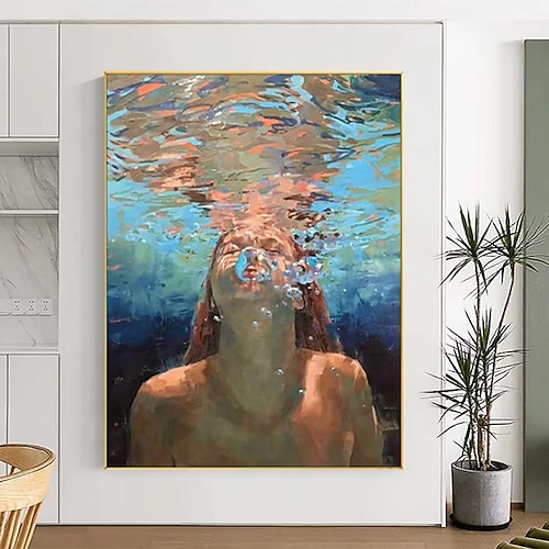 Tauchen Ölgemälde Tauchen Wandkunst Schwimmen Mädchen Malerei blau abstrakte Kunst Tauchen im Ozean sinnliche Frau schwimmen handgemachte Leinwand Wandkunst Image