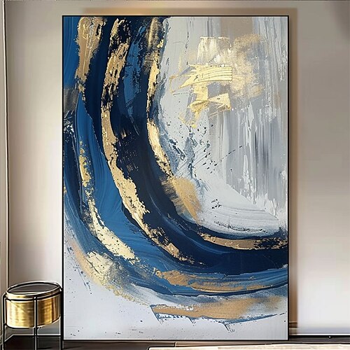 handgefertigtes Ölgemälde auf Leinwand, Wandkunst, Dekoration, abstrakt, goldblau, für Zuhause, Wohnzimmer, Schlafzimmer, Dekor, gespannter Rahmen, hängendes Gemälde/gerolltes rahmenloses, ungedehntes Image