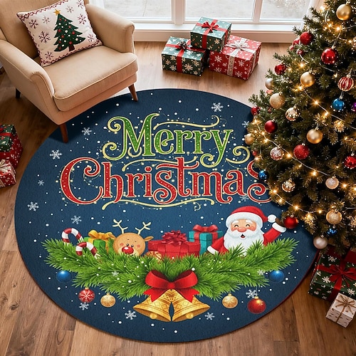Fröhliche Weihnachten runder Teppich für Wohnzimmer und Schlafzimmer Kunstkaschmir Xmas Weihnachtsmann und Rentier festlicher Teppich weich rutschfest maschinenwaschbare Matte festliche dekorative Image