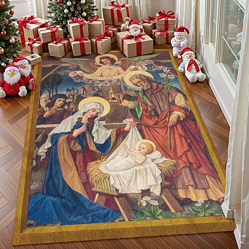 Krippenszene Weihnachtsbereichsteppich für Wohnzimmer und Schlafzimmer Faux Cashmere Jesus Geburtsteppich mit Maria Josef und Baby Jesus religiöse Weihnachtskunst weich rutschfest maschinenwaschbar Image
