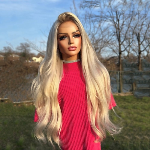 Remy Echthaar 5x5 Verschluss 13x4 Spitzenfront Perücke Freier Scheitel Brasilianisches Haar Gewellt Blond Perücke 130% 150% Haardichte Ombre-Haar Natürlicher Haaransatz 100% Unbehandelt Kleberfrei Image