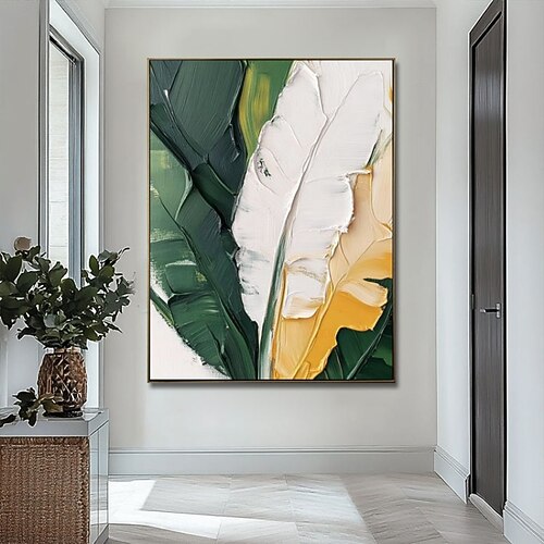 handgefertigtes Ölgemälde auf Leinwand, Wandkunst, Dekoration, abstrakte grüne Pflanzen, Bananenblatt für Zuhause, Wohnzimmer, Dekoration, gespannter Rahmen, hängendes Gemälde/gerolltes rahmenloses, Image