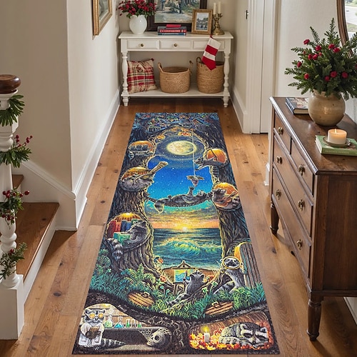 Mondlichtwald Läuferteppich für Flur Küche weicher rutschfester maschinenwaschbarer Faux Cashmere Tier-Nacht-Szenen Teppich Waschbär und Eulen-Design Eingangsbereichsläufer Waschbär Stadt von Dakota Image