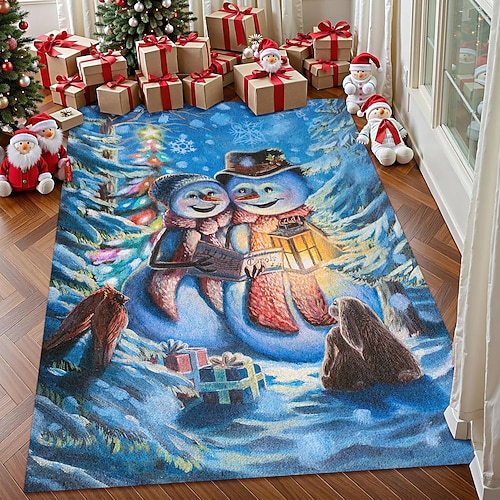 Weihnachtsbodenmatte Schneemann-Paar für Wohnzimmer und Schlafzimmer Faux Kaschmir Winterwald-Szene Teppich weicher rutschfester maschinenwaschbarer Teppich singende Schneemänner von Dakota Daetwiler Image