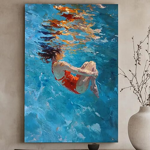 schwimmendes Mädchen, Tauchen, Ölgemälde, Wandkunst, Malerei, blau, Tauchen, abstrakte Kunst, Tauchen im Ozean, Frau, schwimmende Hand, Leinwand, abstrakte Kunst Image