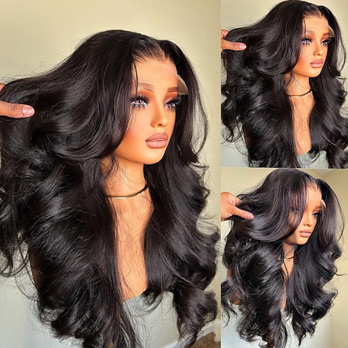 Remy Echthaar 5x5 Verschluss 13x4 Spitzenfront Perücke Mittelscheitel Peruanisches Haar Lockere Welle Schwarz Perücke 130% 150% Haardichte 100% Unbehandelt Kleberfrei Vorgerupft Für Damen Lang Image