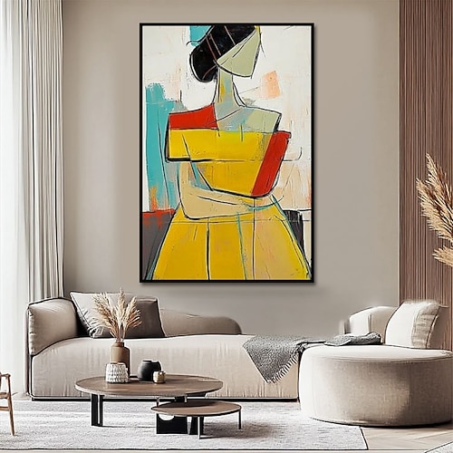 Handgefertigtes Ölgemälde auf Leinwand, Wandkunst, Dekoration, abstrakte Linien, Figuren tragen gelbes Kleid für die Inneneinrichtung, gespannter Rahmen, hängendes Gemälde/gerolltes rahmenloses, Image