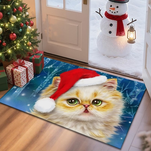 Weihnachtsfußmatte für den Eingangsbereich weicher rutschfester maschinenwaschbarer Faux Cashmere Fußmatte festlicher Eingangsbereichsteppich SantaKittenInForest von Kayomi HaraiHarai Image