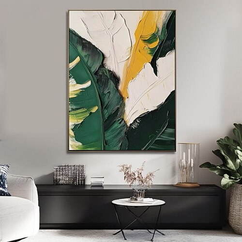 handgefertigtes Ölgemälde auf Leinwand, Wandkunst, Dekoration, abstrakte grüne Pflanzen, Bananenblatt für Zuhause, Wohnzimmer, Dekoration, gespannter Rahmen, hängendes Gemälde/gerolltes rahmenloses, Image