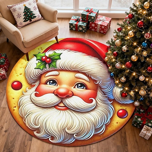 Weihnachtsmann Gesicht Weihnachten Rundbereich Teppich für Wohnzimmer und Schlafzimmer Faux Kaschmir Fröhliche Weihnachten Teppich Weich Rutschfest Maschinenwaschbar Teppich Festliche Fußmatte 4ft Image
