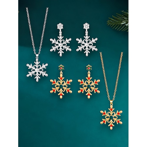 Damen Schneeflocken Halskette und Ohrring Set, Gold silberne Weihnachtsschmuck-Sets für Feiertagspartys, Wintergeschenke festliche Outfits Image
