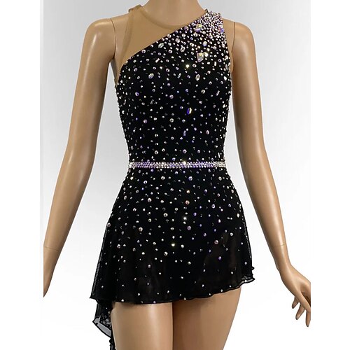 Eiskunstlaufkleid Damen Mädchen Eislaufkleid Schwarz Dehnbar Training Wettkampf Eiskunstlaufbekleidung Thermo Warm Kristall/Strass Ärmellos Eislaufen Eiskunstlauf Image