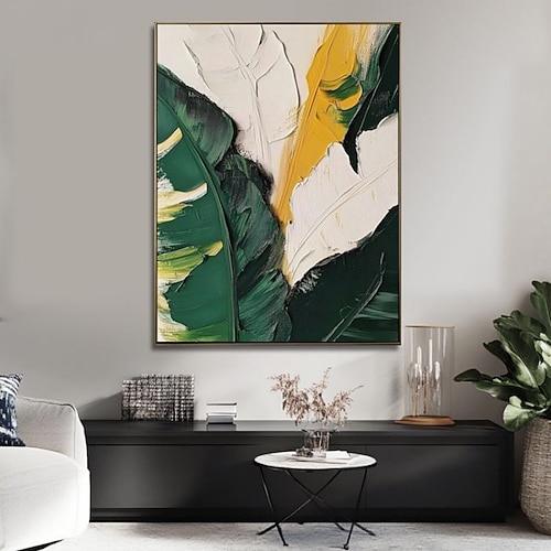 handgefertigtes Ölgemälde auf Leinwand, Wandkunst, Dekoration, abstrakte grüne Pflanzen, Bananenblatt für Zuhause, Wohnzimmer, Dekoration, gespannter Rahmen, hängendes Gemälde/gerolltes rahmenloses, Image