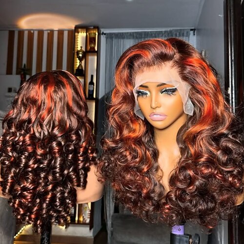 Unbehandeltes Echthaar 5x5 Verschluss 13x4 Spitzenfront Perücke Freier Scheitel Vietnamesisches Haar Lockere Welle Orange Braun Kastanienbraun Perücke 150% 180% Haardichte mit Babyhaaren Image