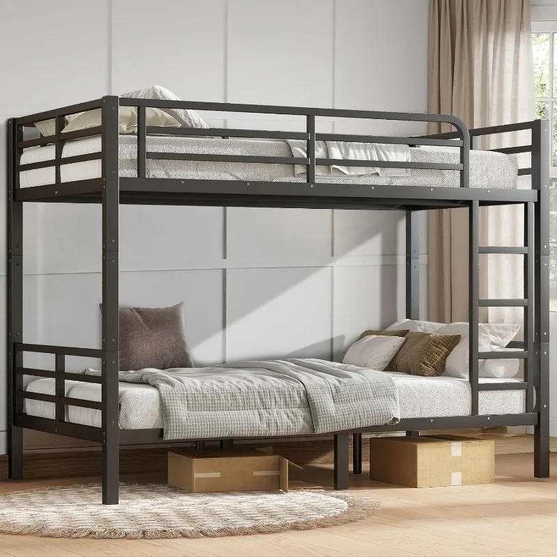 Twin XL Over Twin XL Bunk Bed, Metal Bunk Bed Frame Heavy Duty Bunk Beds Loft Bed Frame with Ladder and Guardrail Metal Slats No