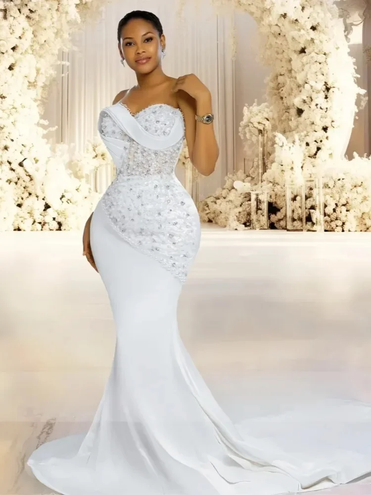 Luxury Pearls Mermaid Wedding Dresses Sweetheart Beading Strapless Floor Length Satin Bridal Gown Vestido De Noiva