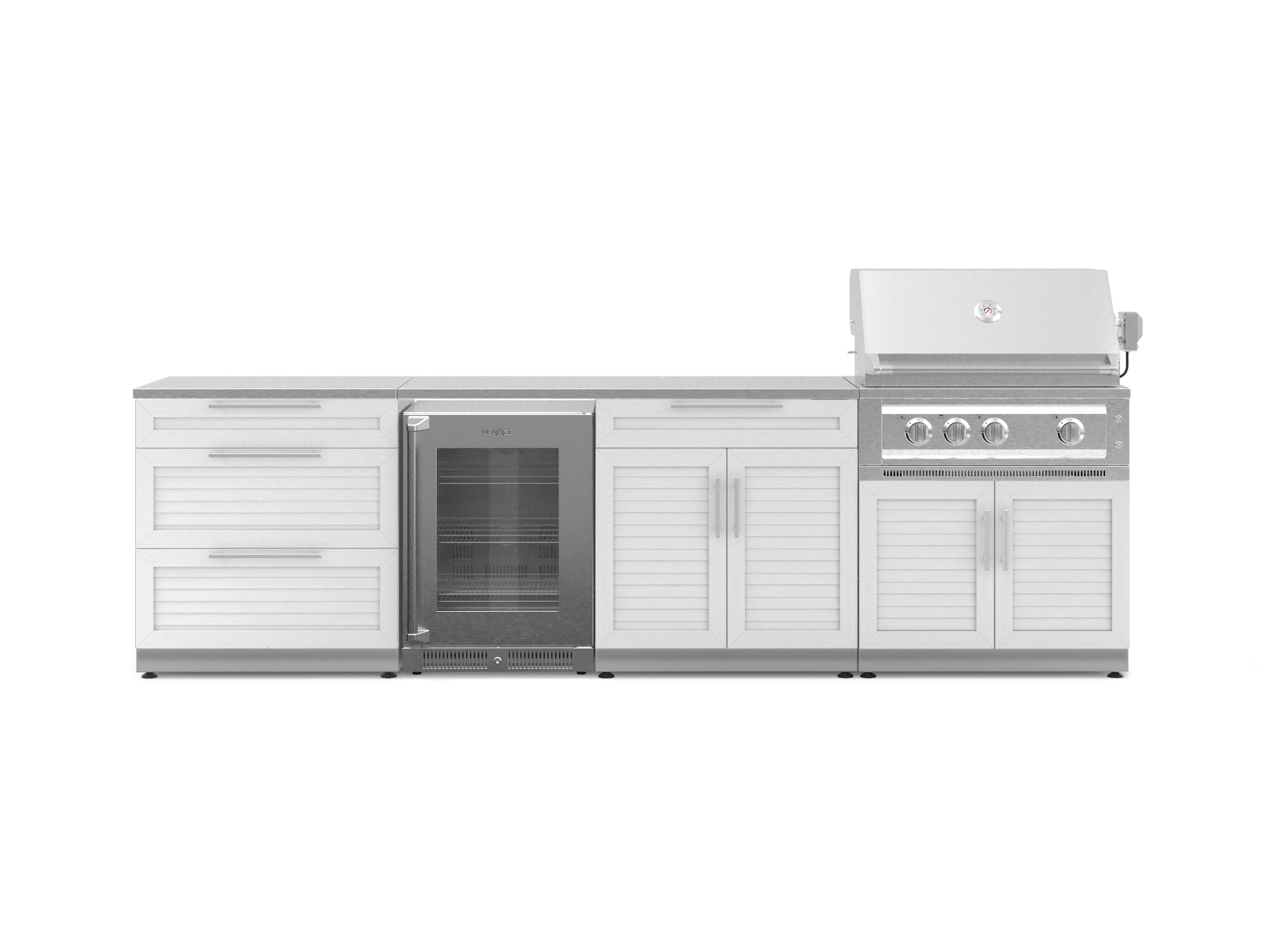 NewAge Outdoor Kitchens Stainless Steel 7-Piece Cabinet Set with 3-Drawer, Bar, Grill Cabinet, Platinum Grill, Countertop, and Glass Door Fridge