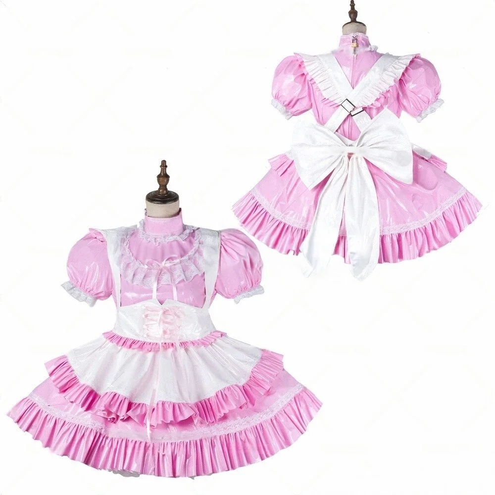 Sexy Sissy Girl Französisches Dienstmädchen, rosa PVC, abschließbar, mehrlagig, Rüschen, Cosplay-Kostüm, anpassbar Image