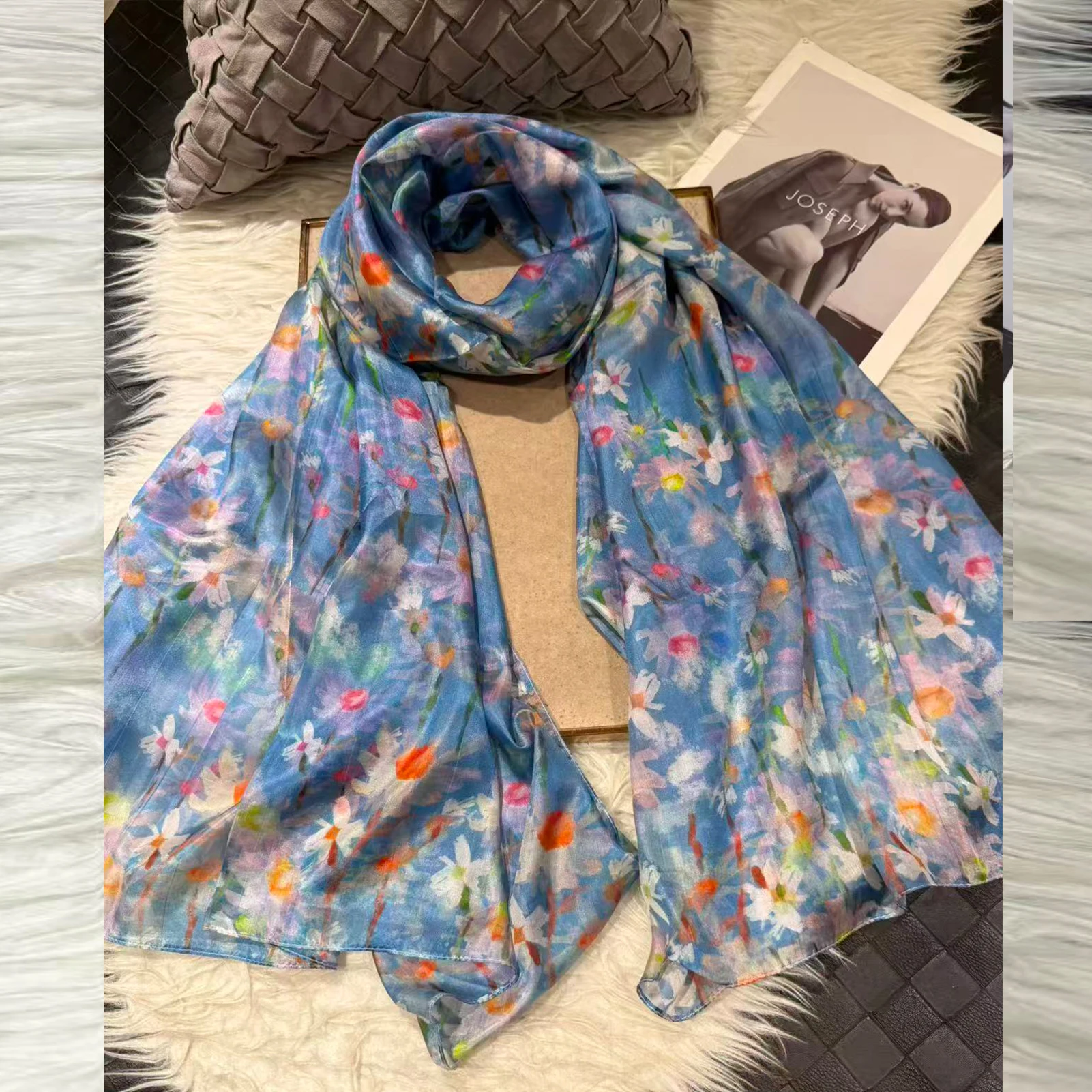 Orange Blau Damen Schal aus 100 % Maulbeerseide, eleganter Blumenmuster, langer Schal aus reiner Seide, Sommer-Strand-Seidenschal, Wickelschal, Hijab-Schal, Bufanda